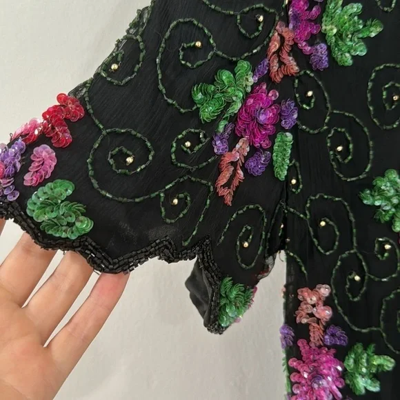 Vintage floral beaded Laurence Kazar silk blouse - Picture 3 of 7
